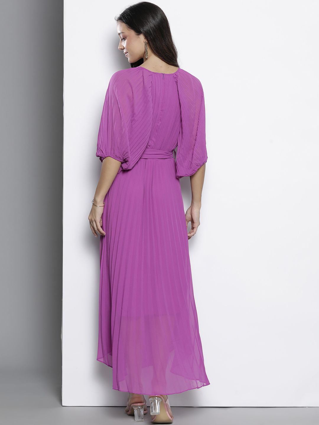 Buy Boohoo Accordion Pleated Puff Sleeve Chiffon A-Line Midi Dress