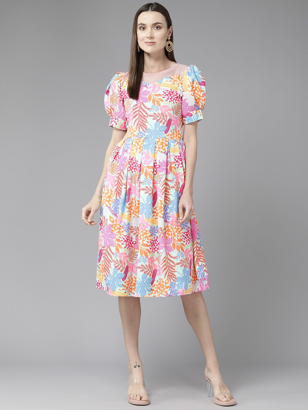 Aarika Floral Print Puff Sleeve Georgette A-Line Dress