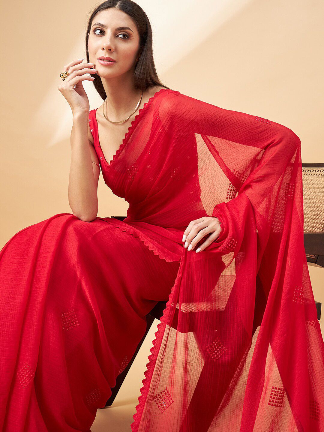 all about you Red Geometric Embroidered Pure Chiffon Saree Price in India