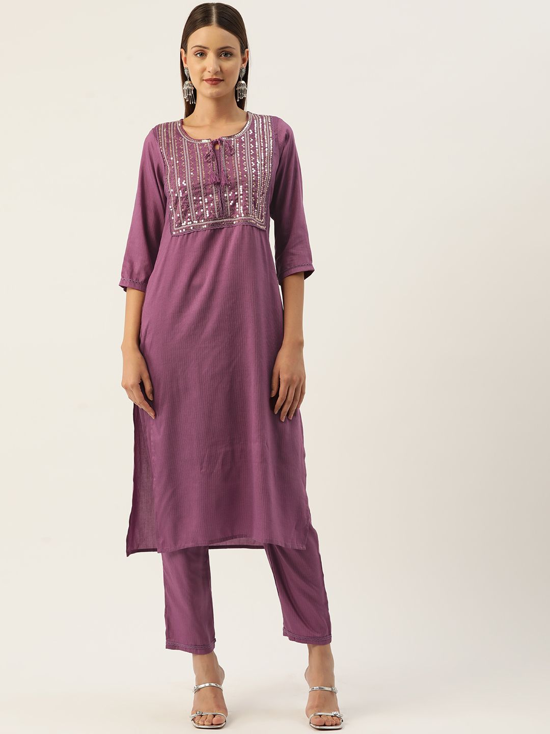 Rue Collection Ethnic Motifs Yoke Design Regular Sequinned Kurta with Trousers Price in India