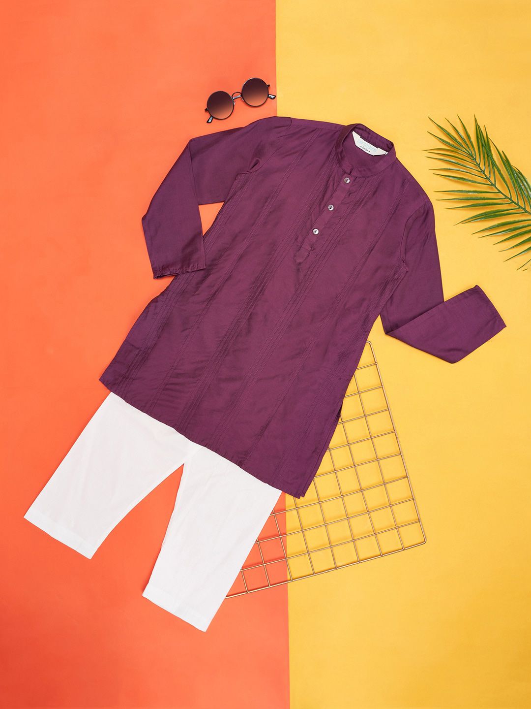 indus route by Pantaloons Boys Mandarin Collar Pure Cotton Straight Kurta with Trousers
