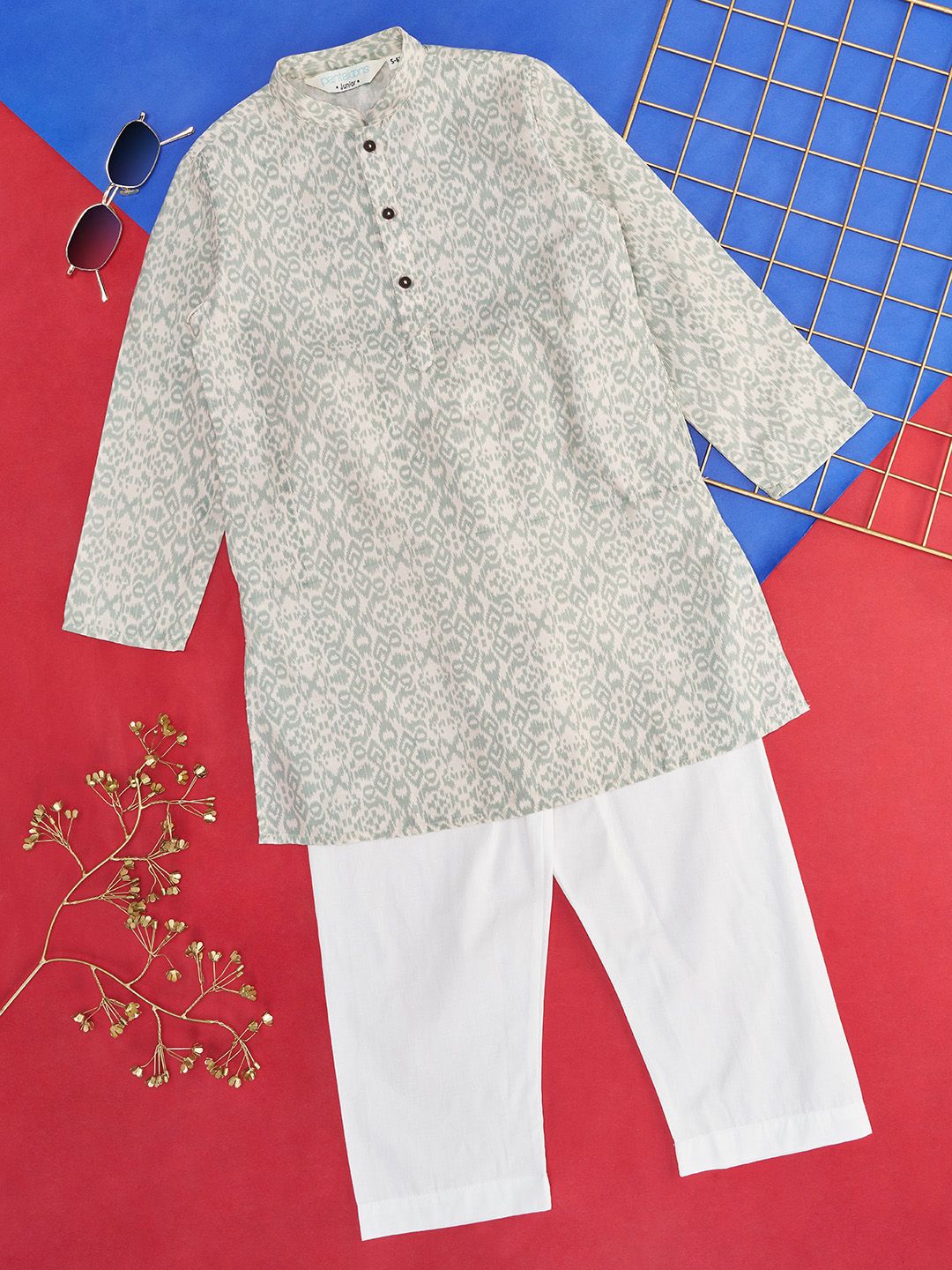 indus route by Pantaloons Boys Ethnic Motifs Printed Pure Cotton Straight Kurta & Trousers