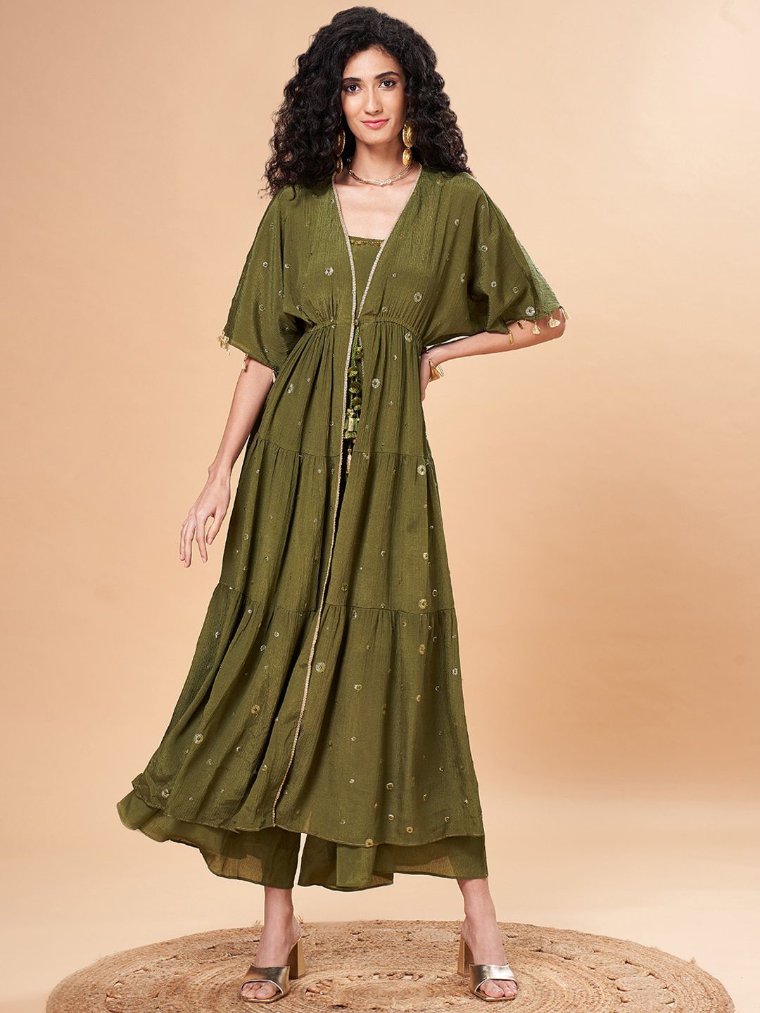 Marigold Lane Shoulder Straps Sleeveless Flared Culotte Jumpsuit With Longline Shrug Price in India
