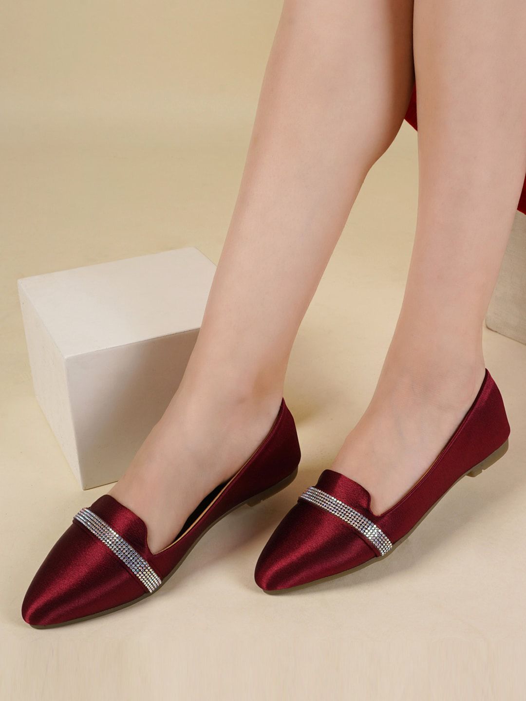 DressBerry Maroon Pointed Toe Embellished Ballerinas