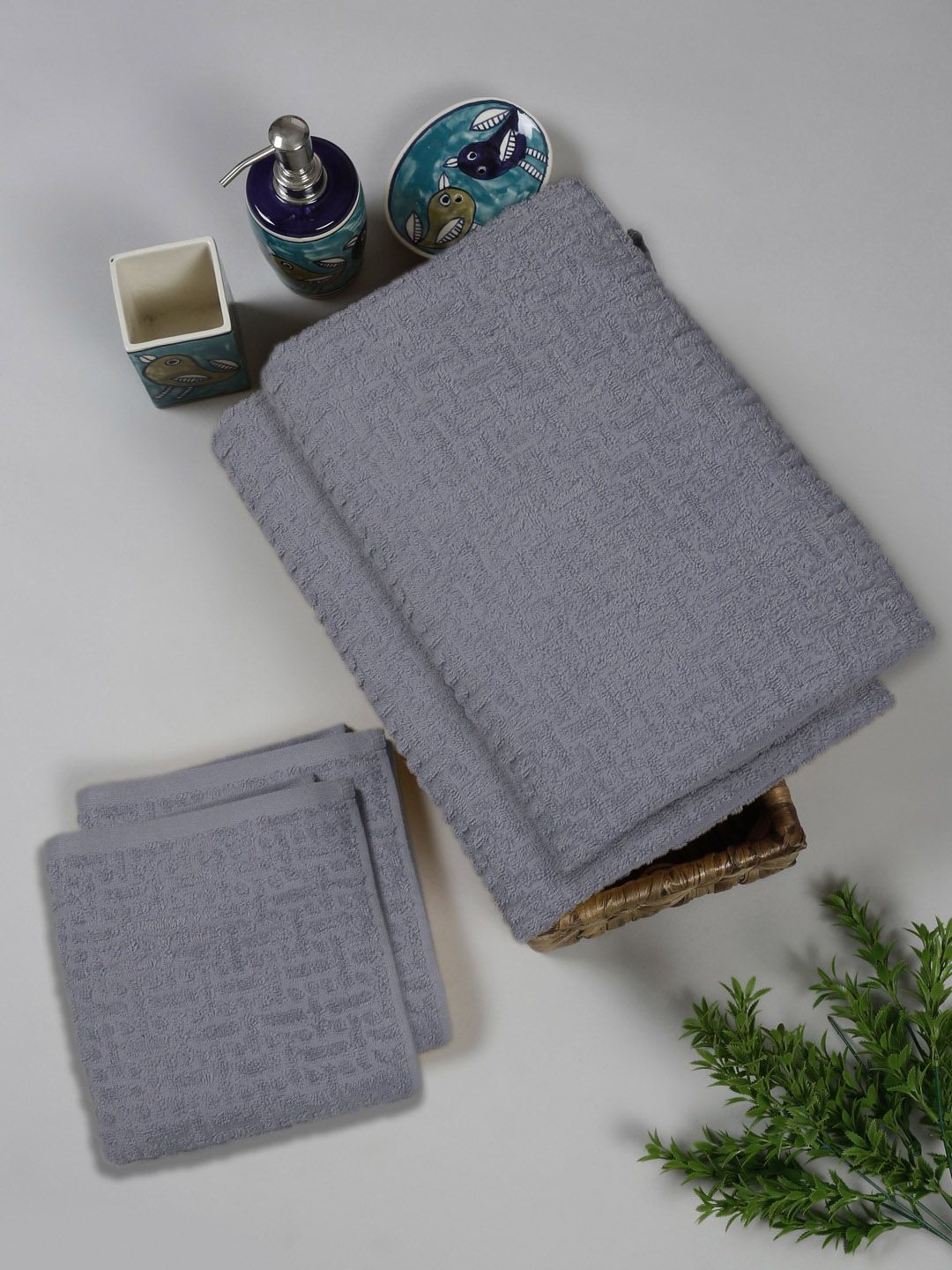 Cortina Grey-Colored 4 Pieces Jacquard Super Absorbent 450 GSM Bath & Hand Towel