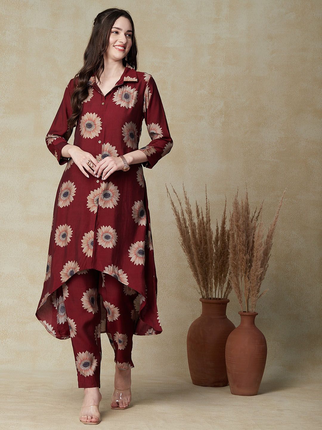 FASHOR Maroon Floral Printed High-Low A-Line Kurta with Trousers Price in India