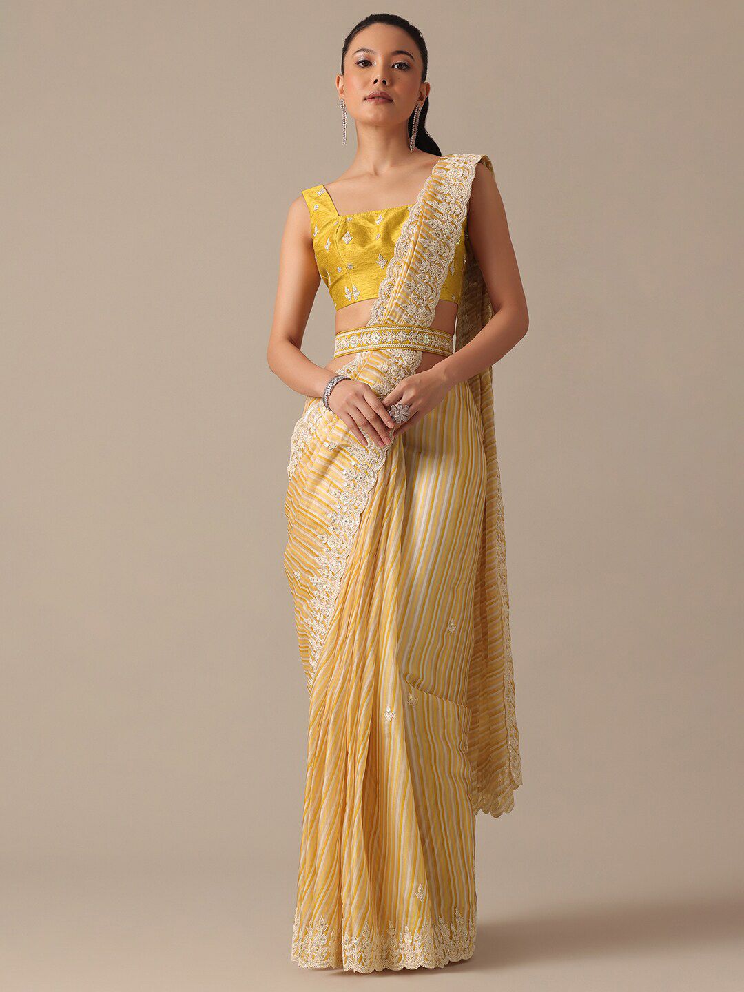 KALKI Fashion Striped Embroidered Satin Belted Saree Price in India