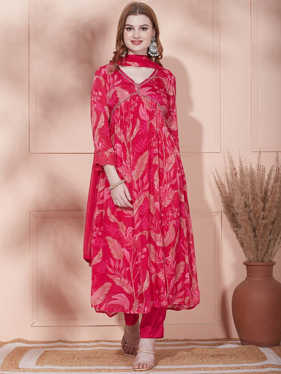FASHOR Pink Floral Printed Empire Gotta Patti Kurta With Trousers & Dupatta Price in India