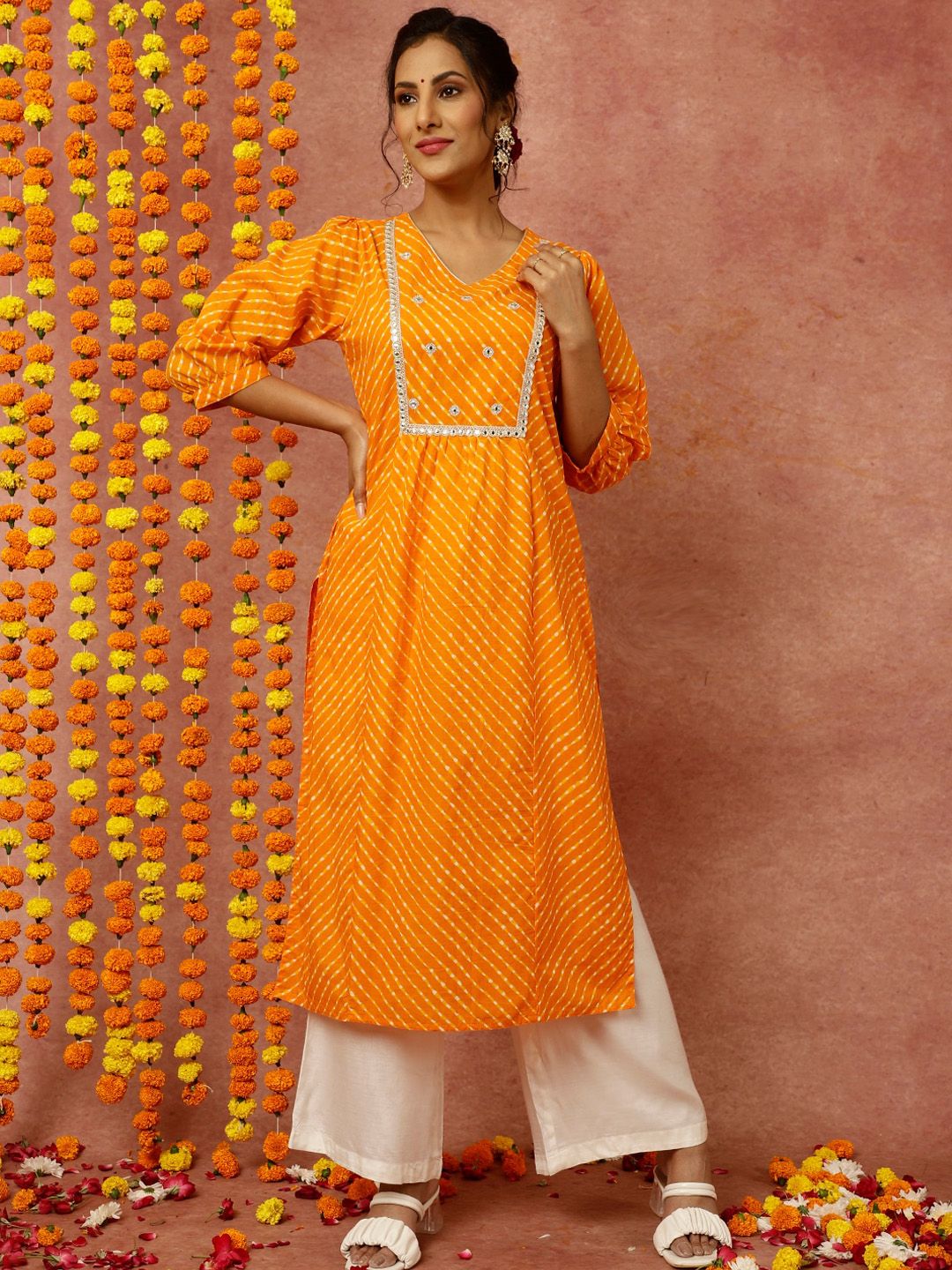 Jaipur Kurti Women Orange Floral Printed Flared Sleeves Mirror Work Kurta Price in India