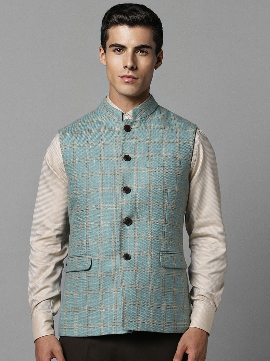Louis Philippe Checked Mandarin Collar Pure Woollen Nehru Jacket