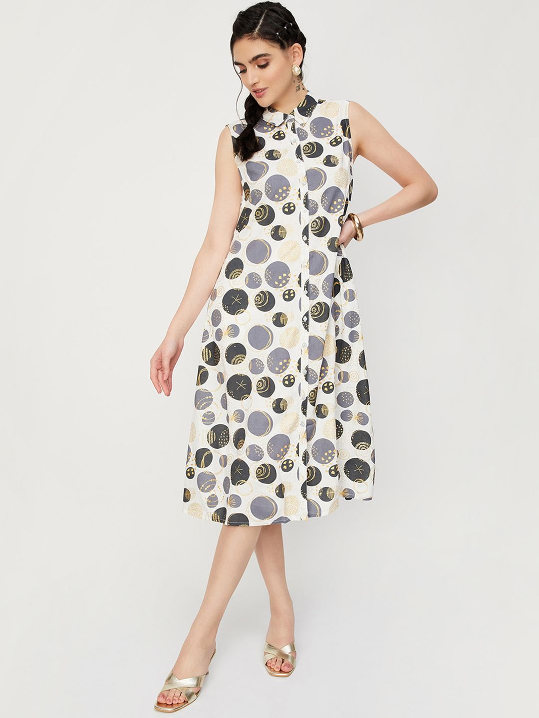 max Geometric Printed Shirt Collar Sleeveless Shirt Dress