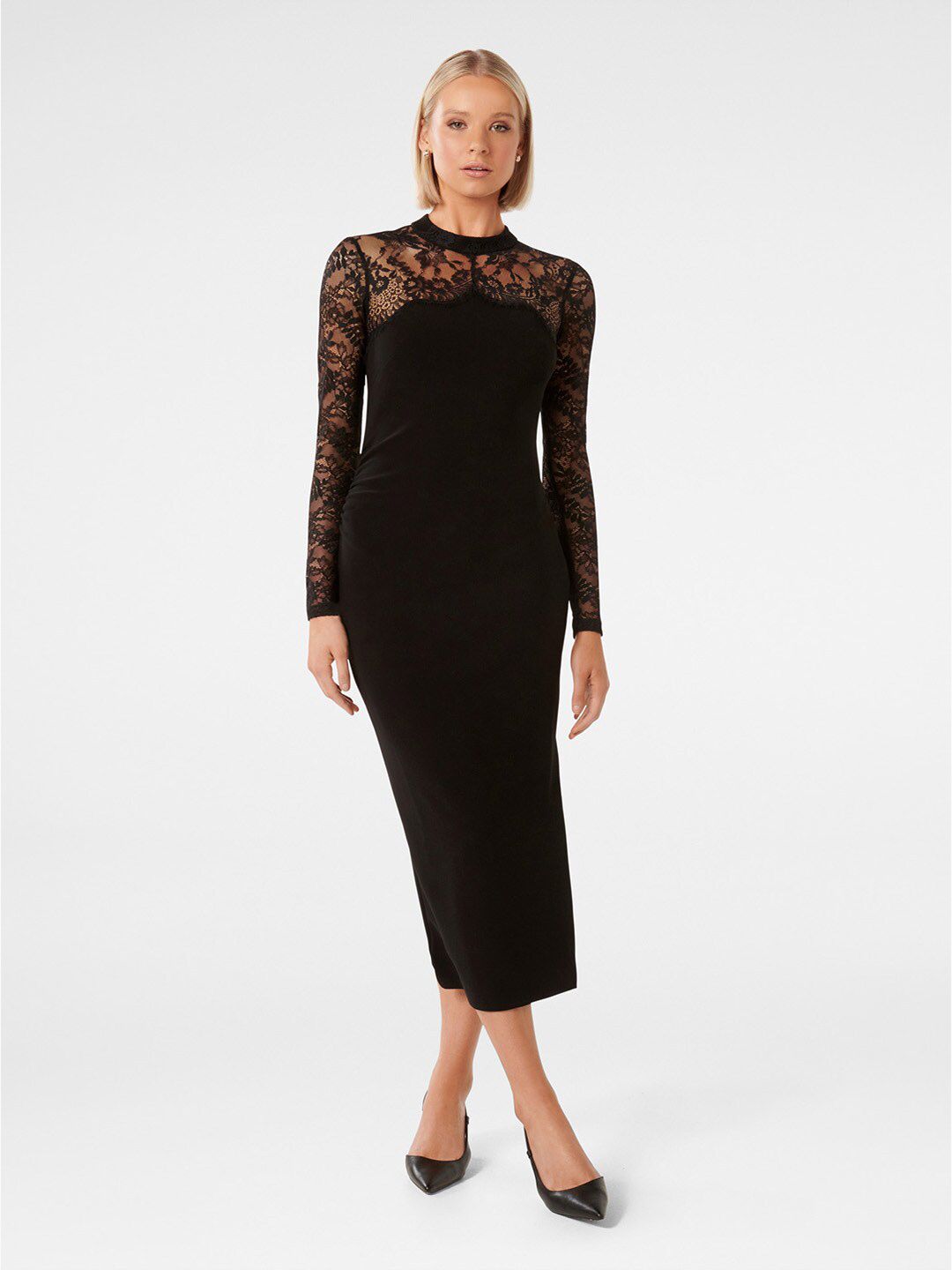 Forever New Round Neck Long Sleeves Lace Inserts Bodycon Midi Dress Price in India