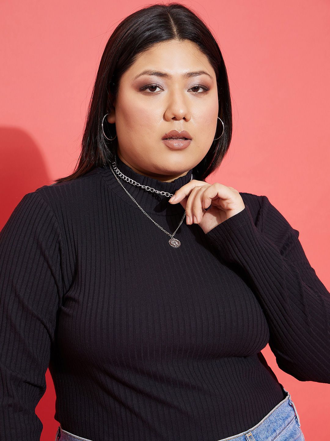 Buy SASSAFRAS Curve Plus Size Rib High Neck Fitted Top - Tops for