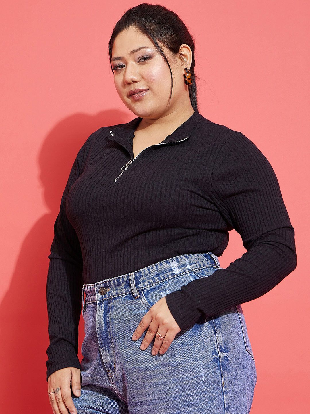 Buy SASSAFRAS Curve Plus Size Black Knitted Rib Front Zipper
