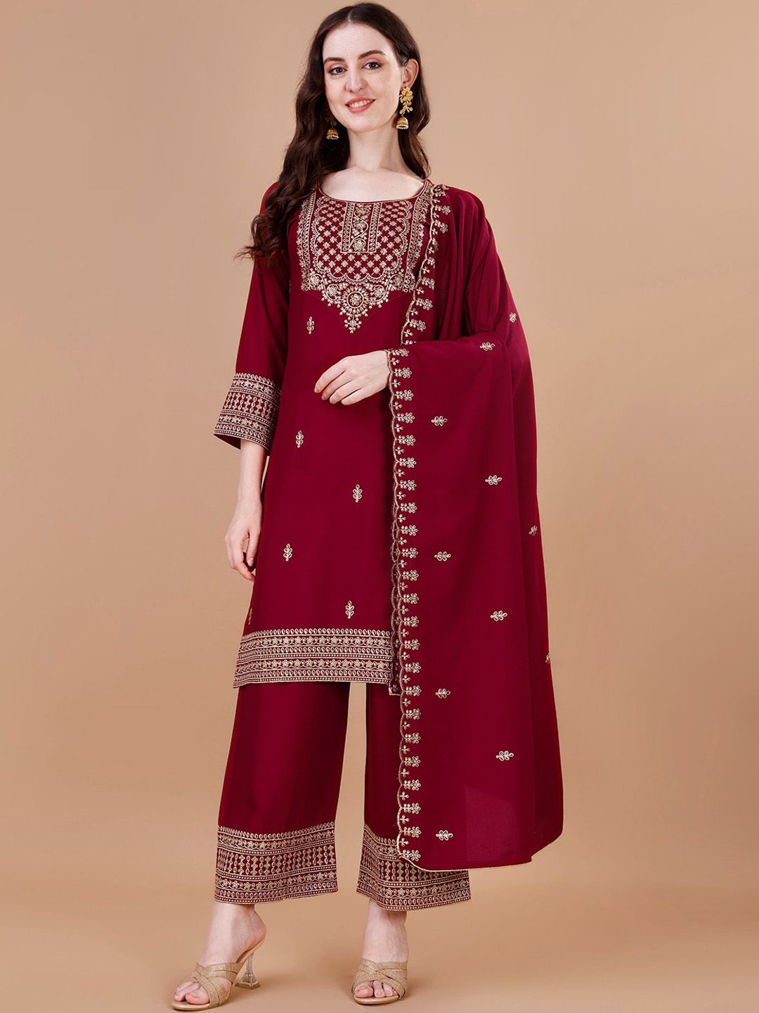 KALINI Ethnic Motifs Embroidered Regular Thread Work Kurta with Trousers & With Dupatta Price in India