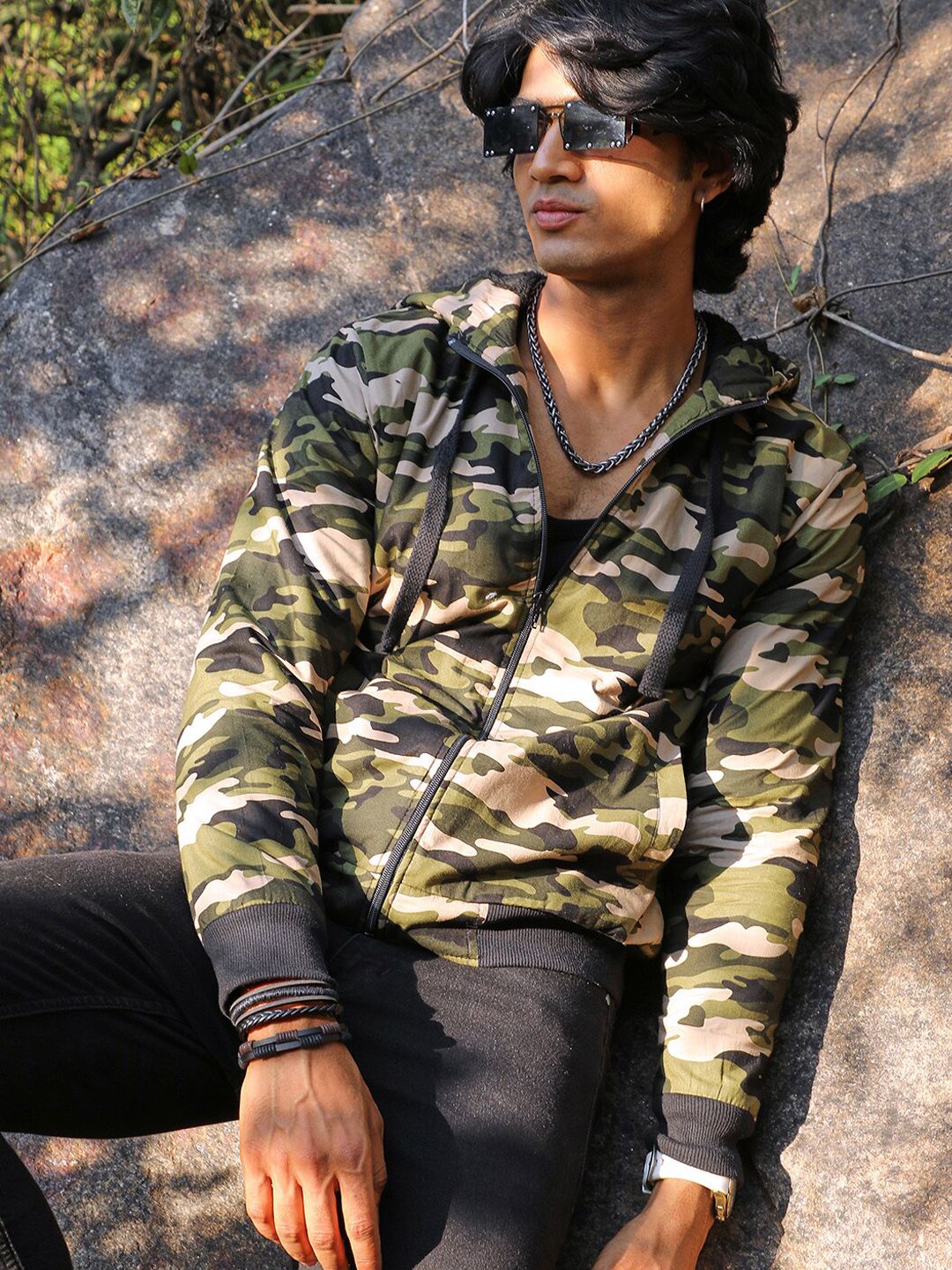 CAHOOT Campus Sutra Camouflage Printed Windcheater Hooded Bomber Jacket