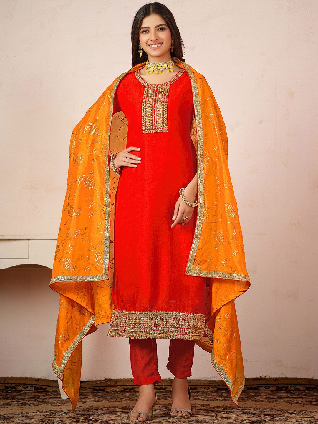 Sangria Red Magenta Ethnic Motifs Embroidered Straight Kurta & Trouser & Dupatta