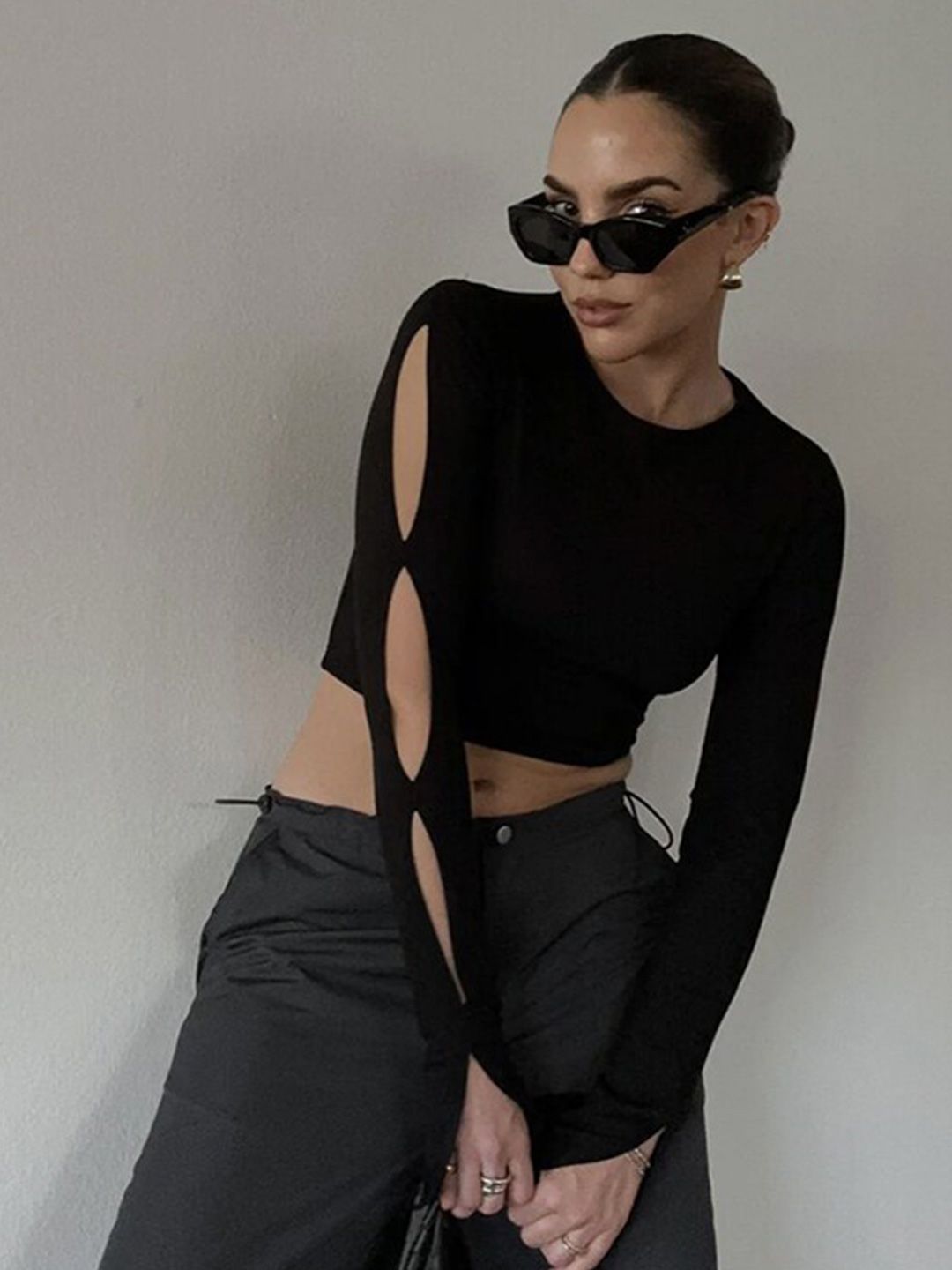 StyleCast Black Round Neck Slit Sleeves Regular Top