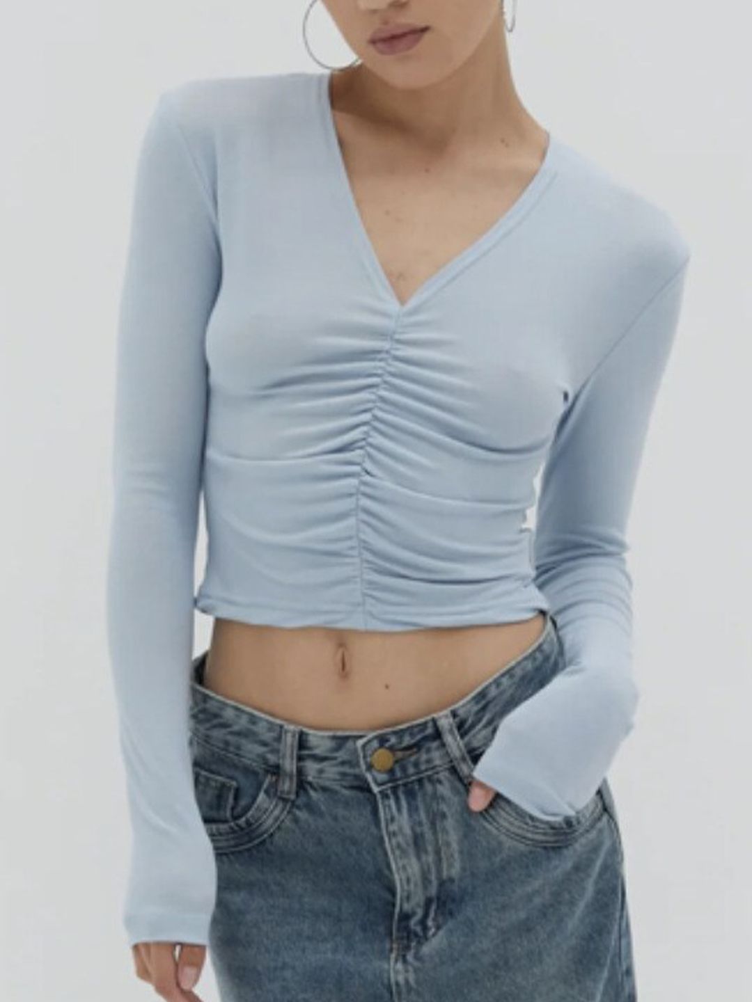 StyleCast Blue V-Neck Long Sleeve Crepe Fitted Crop Top Price in India