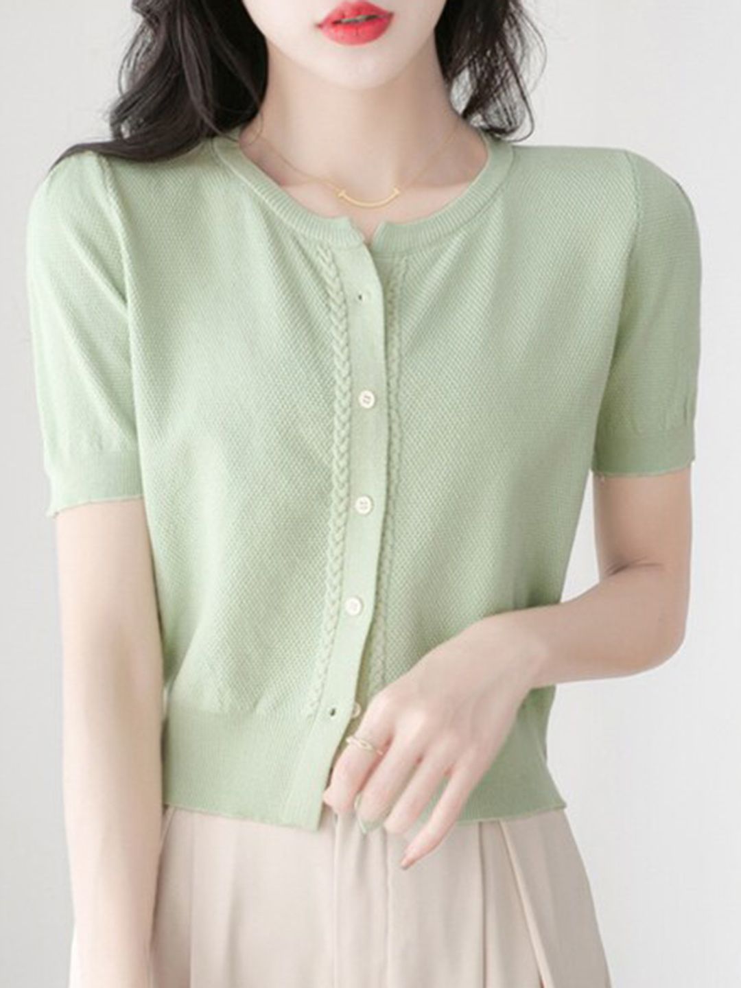 StyleCast Green Round Neck Puff Sleeves Top