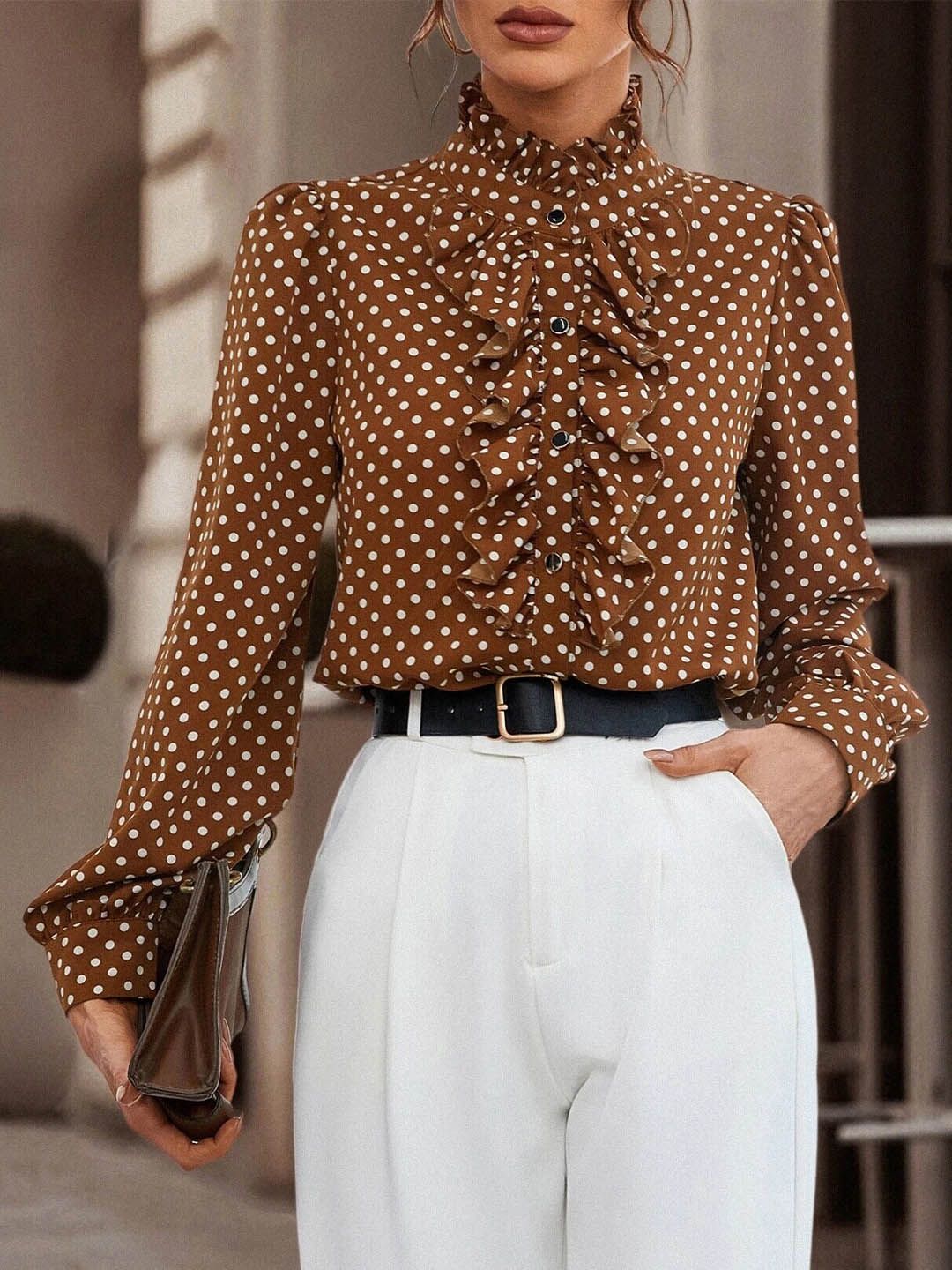 StyleCast Brown Polka Dots Printed Puff Sleeves Ruffles Top Price in India