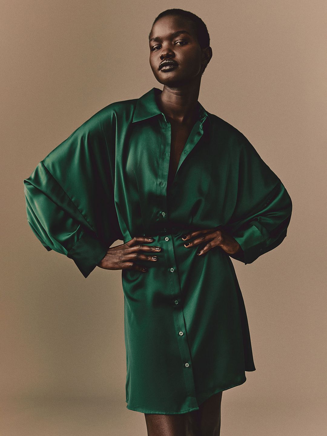 satin shirt dress h&m Women's Golden olive Satin Shirt Dress