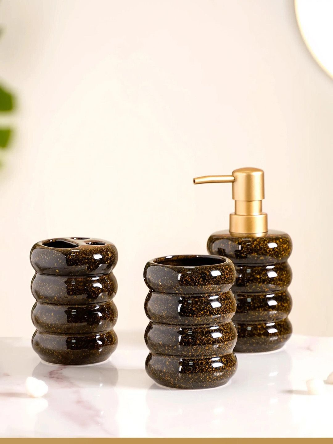 Nestasia Ripple 3 Pcs Olive Green Textured Ceramic Bathroom Accessory Set