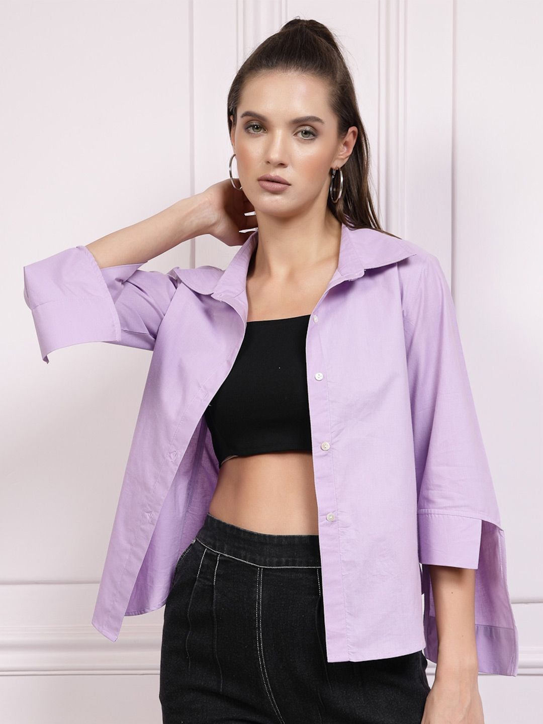 Athena Lavender High-Low Shirt Cotton Crop Top Price in India