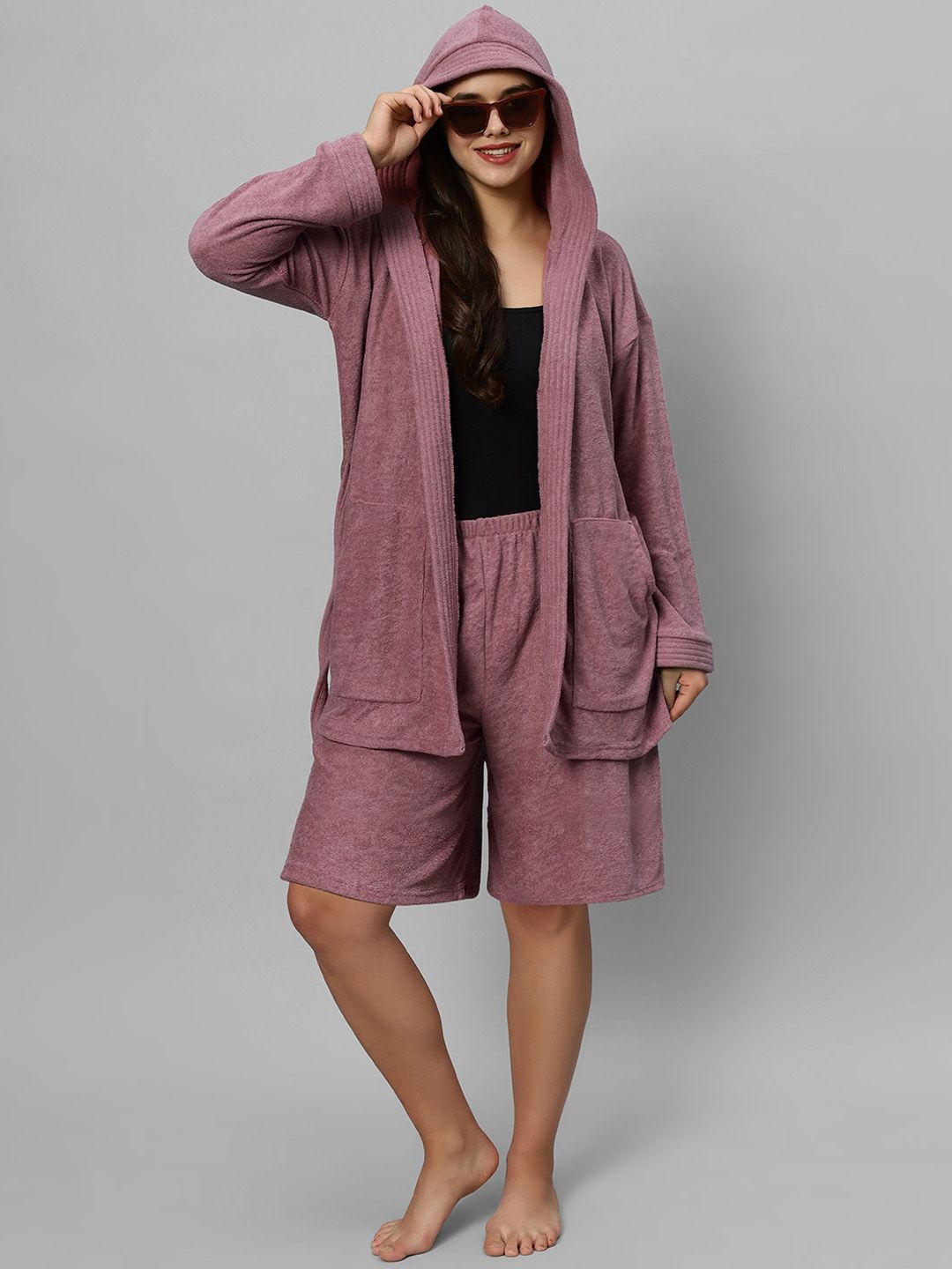 LacyLook Women Hooded Solid Bathrobe With Shorts Set