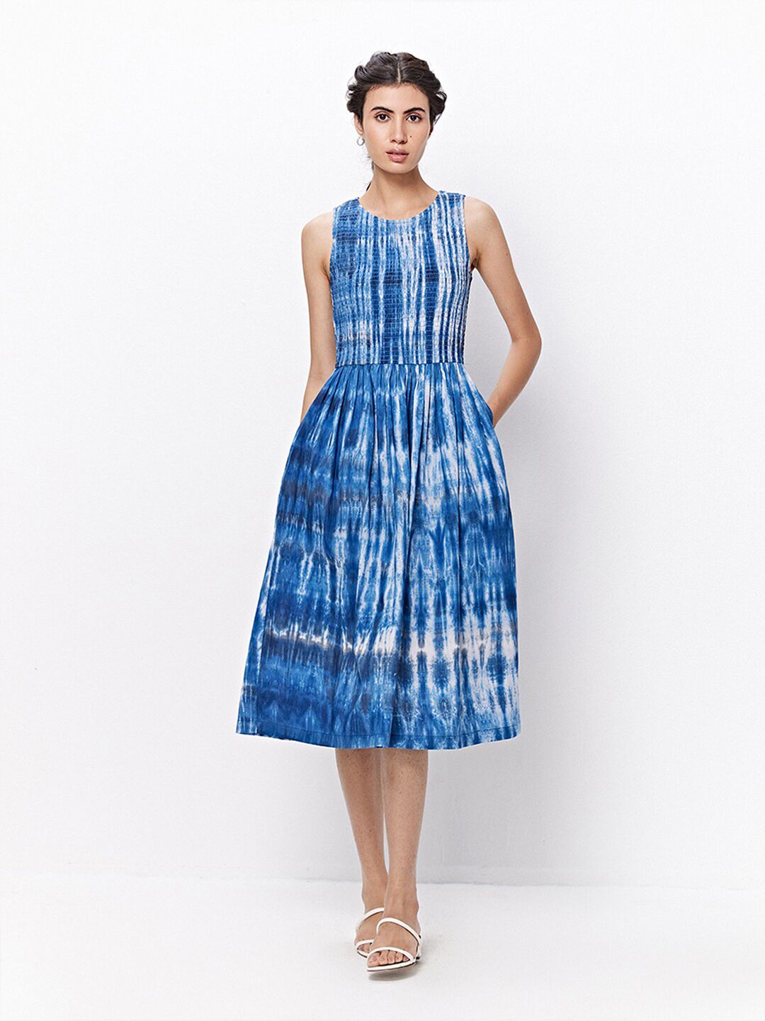 Ancestry Blue Tie and Dye Print Fit & Flare Midi Dress Price in India