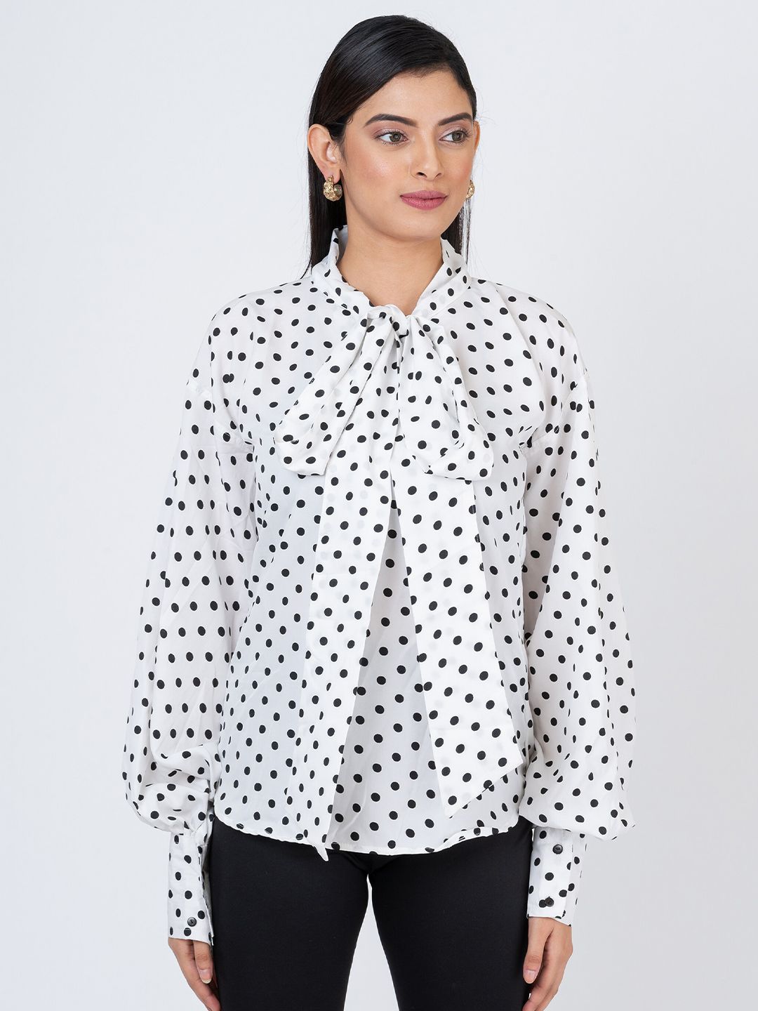 KAMPHIRE Polka Dot Printed Tie-Up Neck Crepe Shirt Style Top