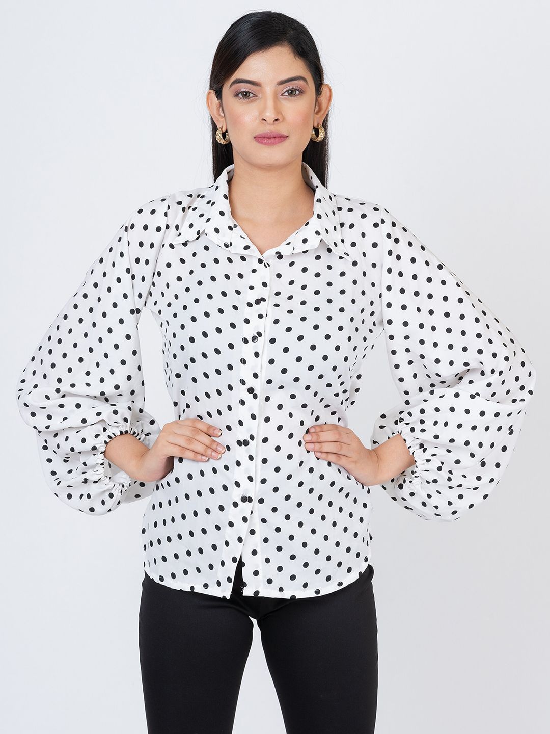KAMPHIRE Polka Dot Printed Bishop Sleeve Shirt Style Top Price in India