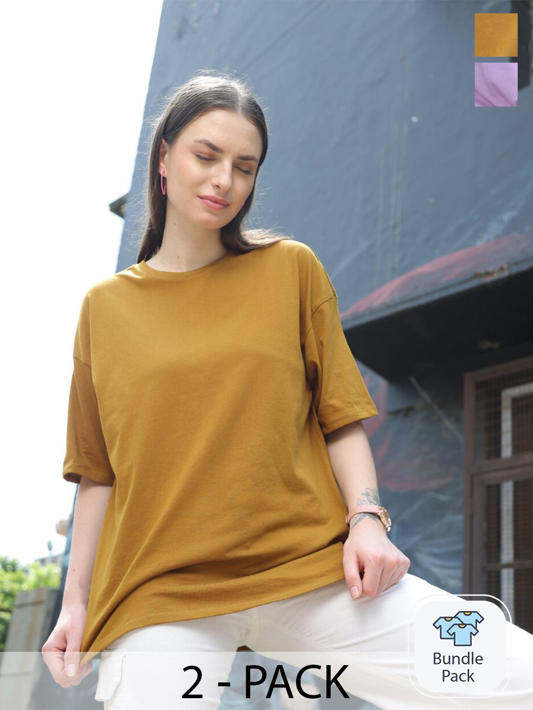 TITTLI Pack Of 2 Drop Shoulder Sleeves Pure Cotton Oversized T-shirt Price in India