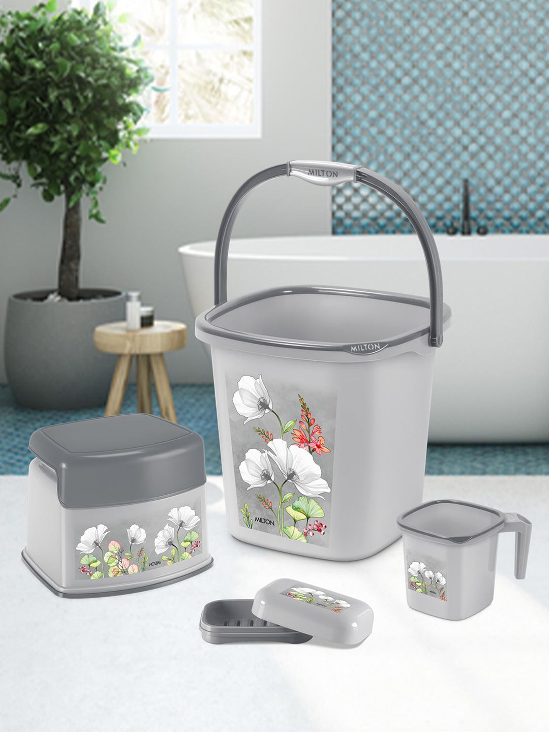 Milton Plastic Swish Senior 4 Piece Bathroom Set Bucket Stool Mug and Soup Case