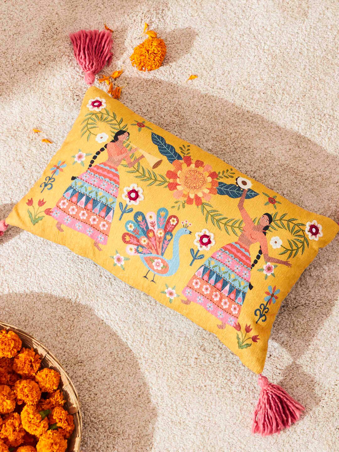Chumbak Marigold Yellow & Blue Quirky Printed Rectangle Cushion Covers