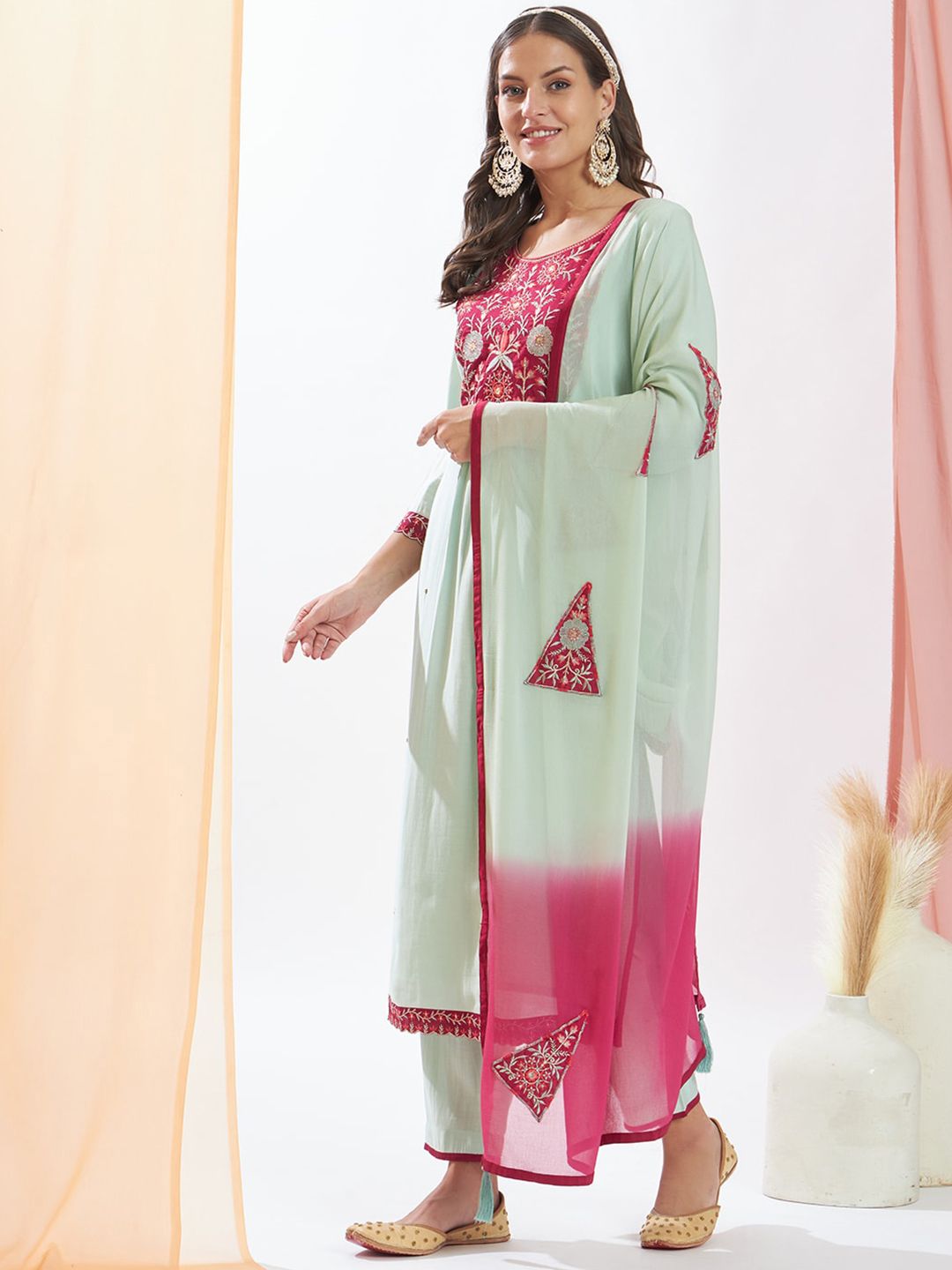 HEEPOSH Women Sea Green Floral Embroidered Empire Thread Work Kurta with Trousers & With Dupatta Price in India