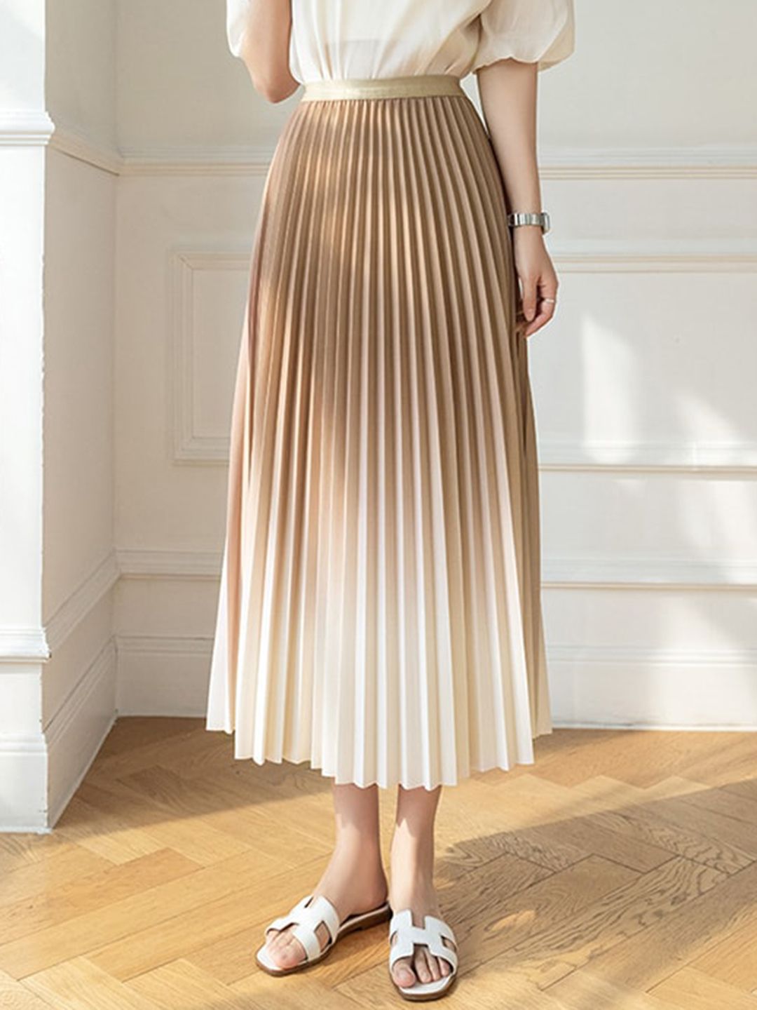 StyleCast Brown Ombre Accordion Pleats Flared Midi Skirt