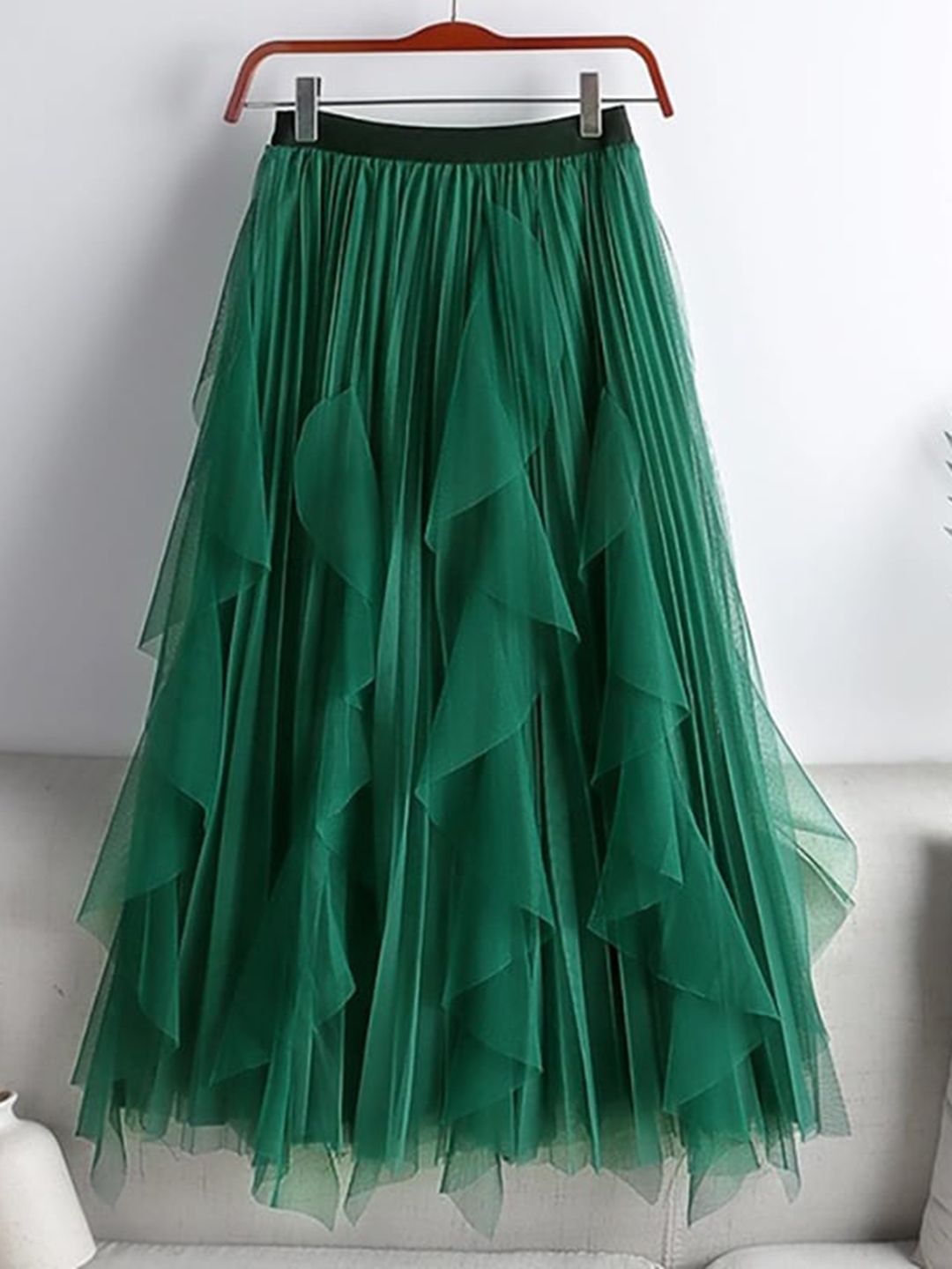 StyleCast Green Pleated Ruffles Detail Maxi Flared Skirt