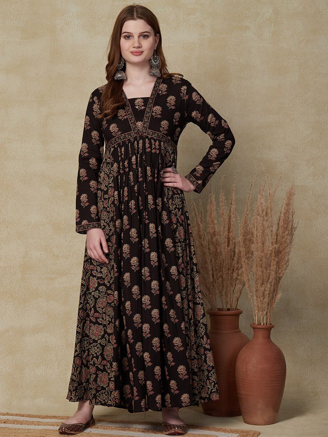 FASHOR Ethnic Motifs Printed Gathered Cotton Maxi Dress