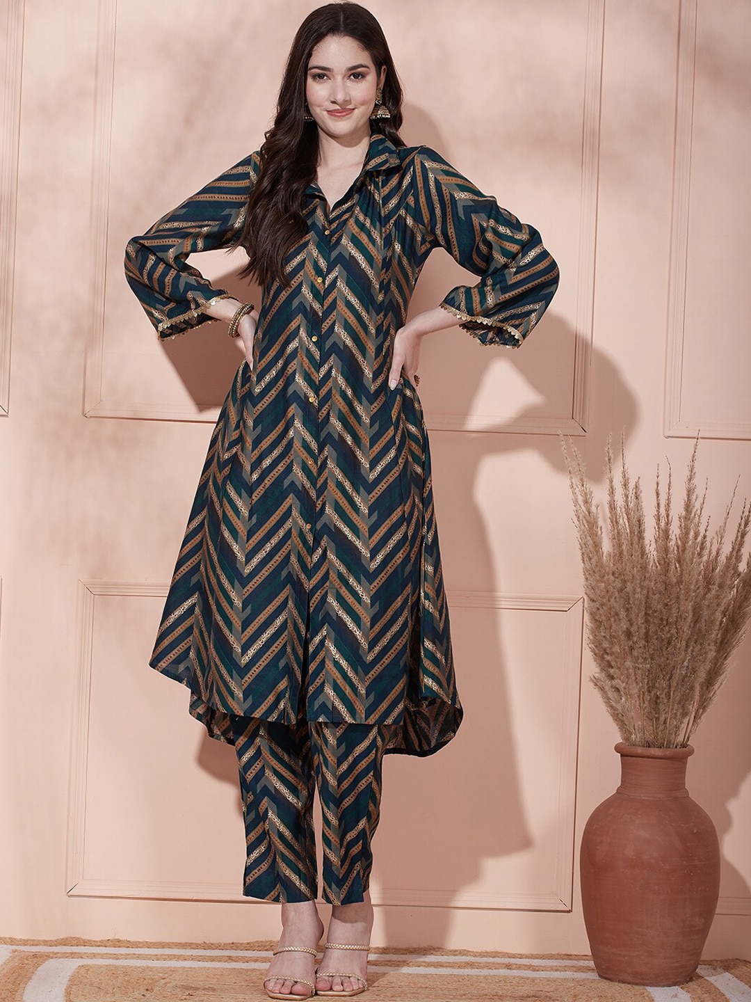 FASHOR Teal & Red Chevron Printed A-Line Kurta with Trousers Price in India