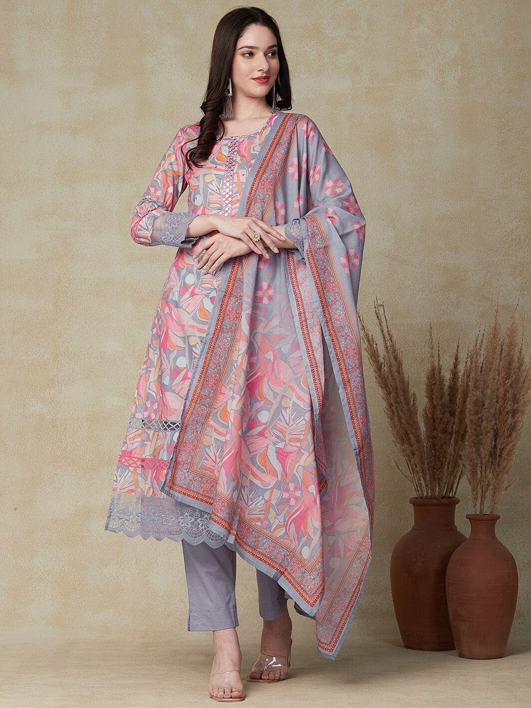 FASHOR Floral Printed Mirror Work Pure Cotton Kurta With Trousers & Dupatta Price in India