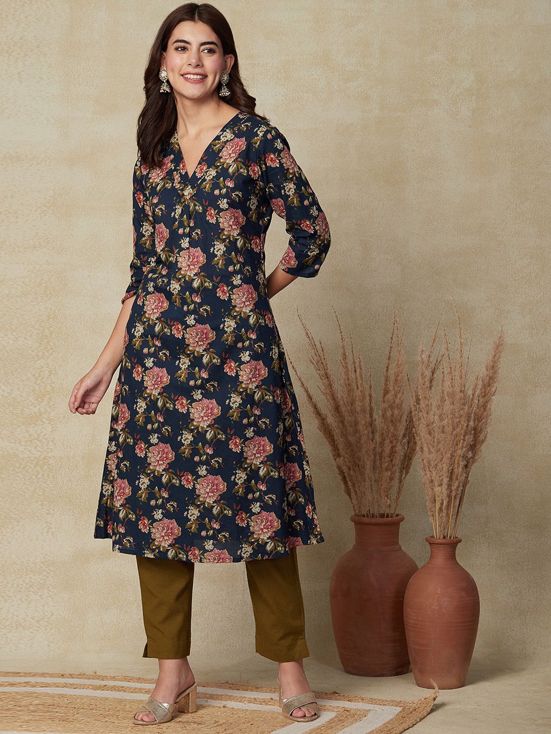 FASHOR Floral Printed A-Line Cotton Kurta Price in India
