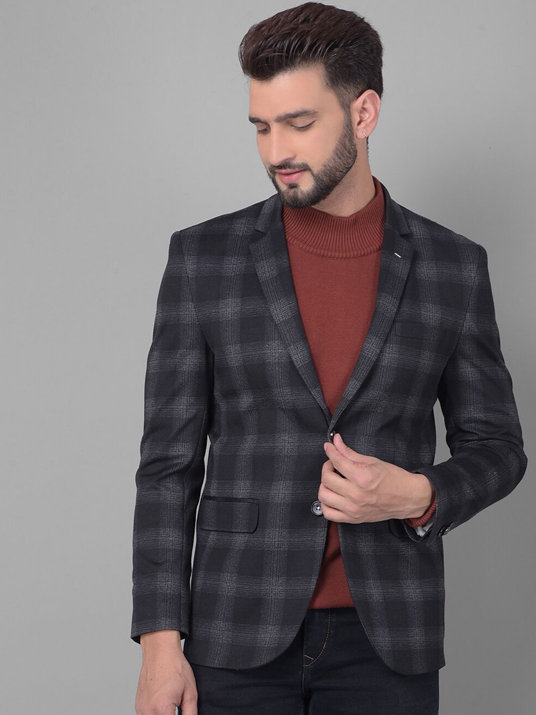 Crimsoune Club Slim-Fit Checked Notched Lapel Collar Single Breasted Casual Blazer