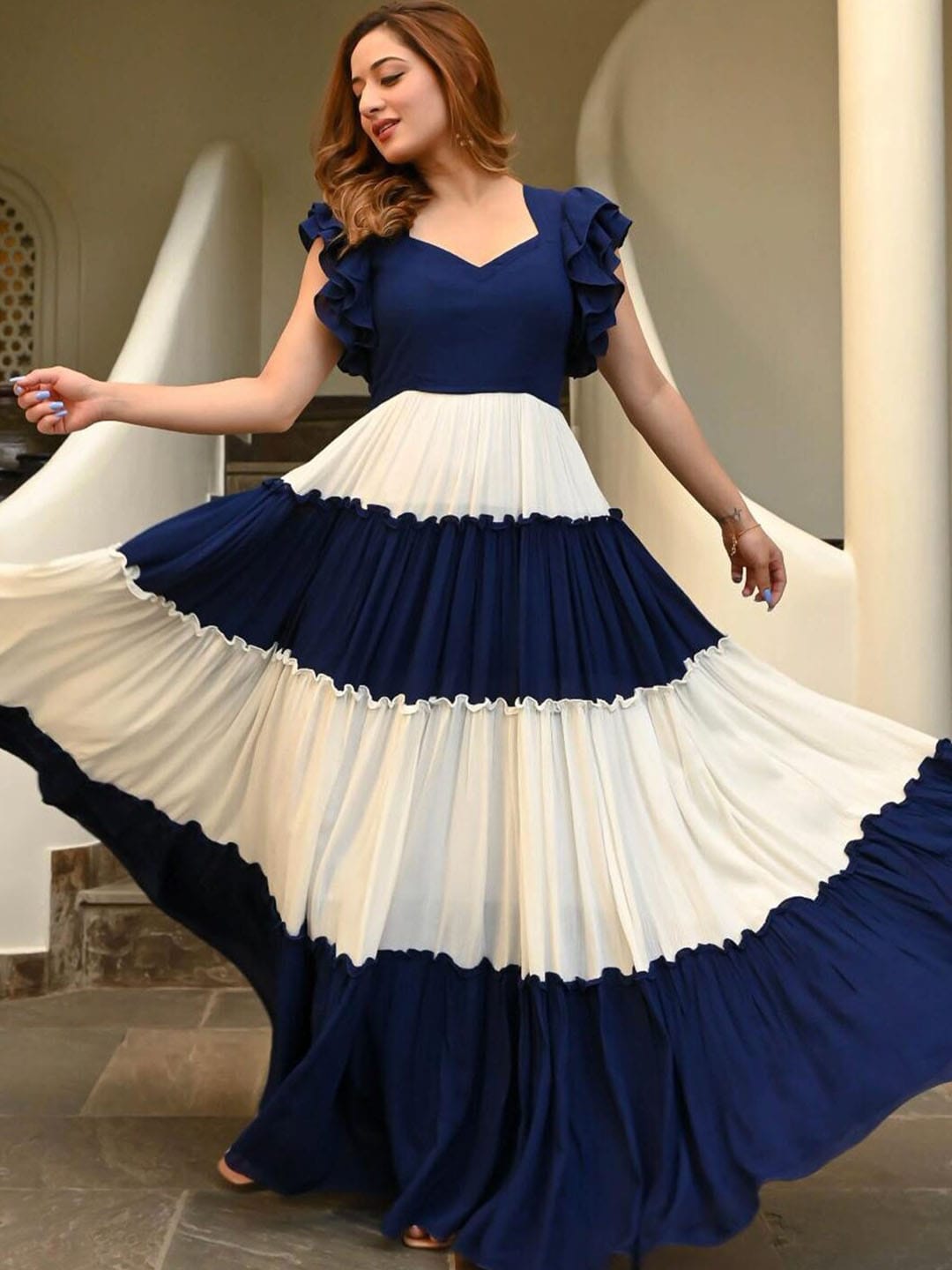 KALINI Colourblocked Sweetheart Neck Flutter Sleeves Maxi Dress Price in India