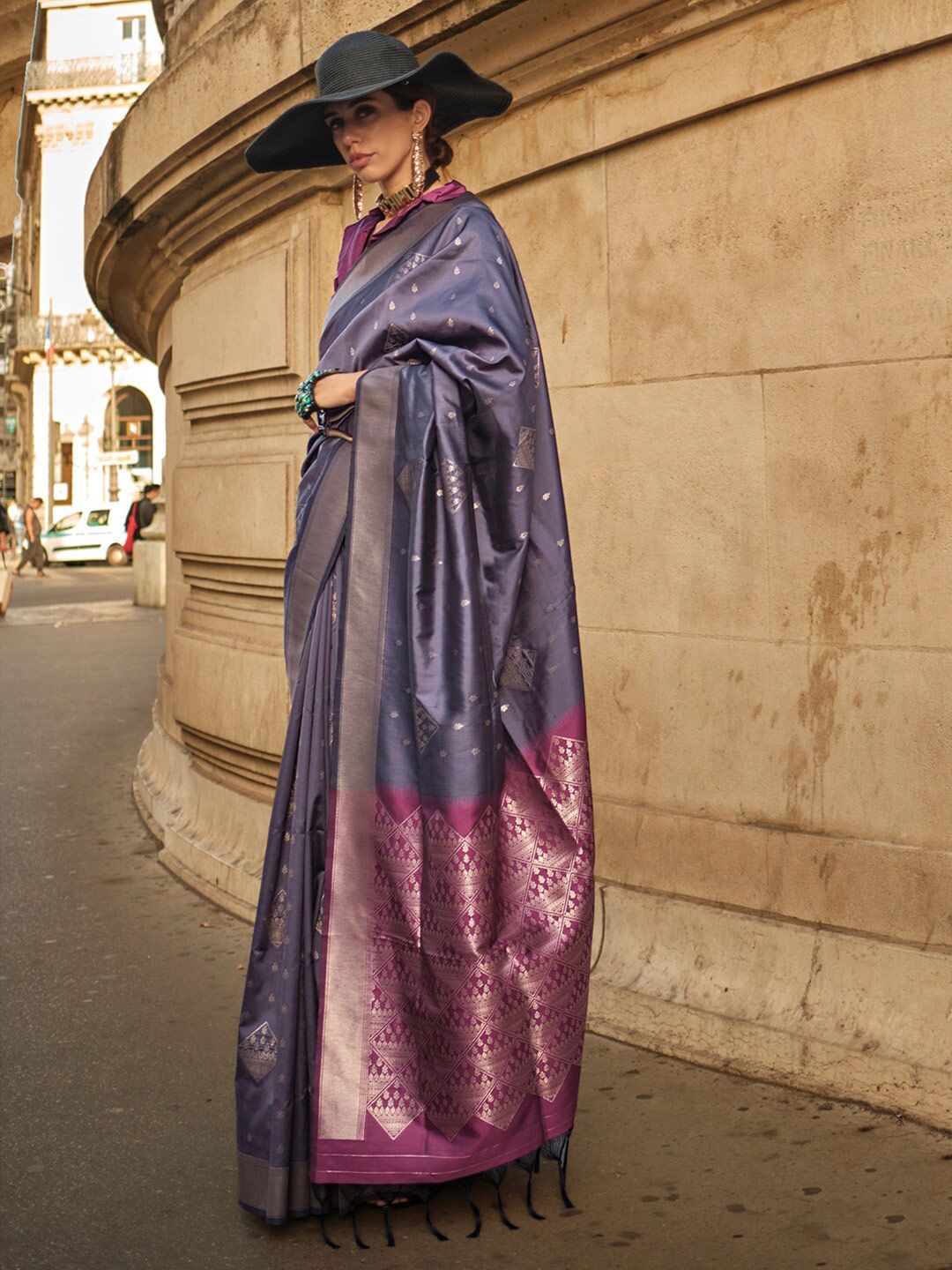 Mitera Violet & Purple Ethnic Motifs Zari Pure Silk Banarasi Saree