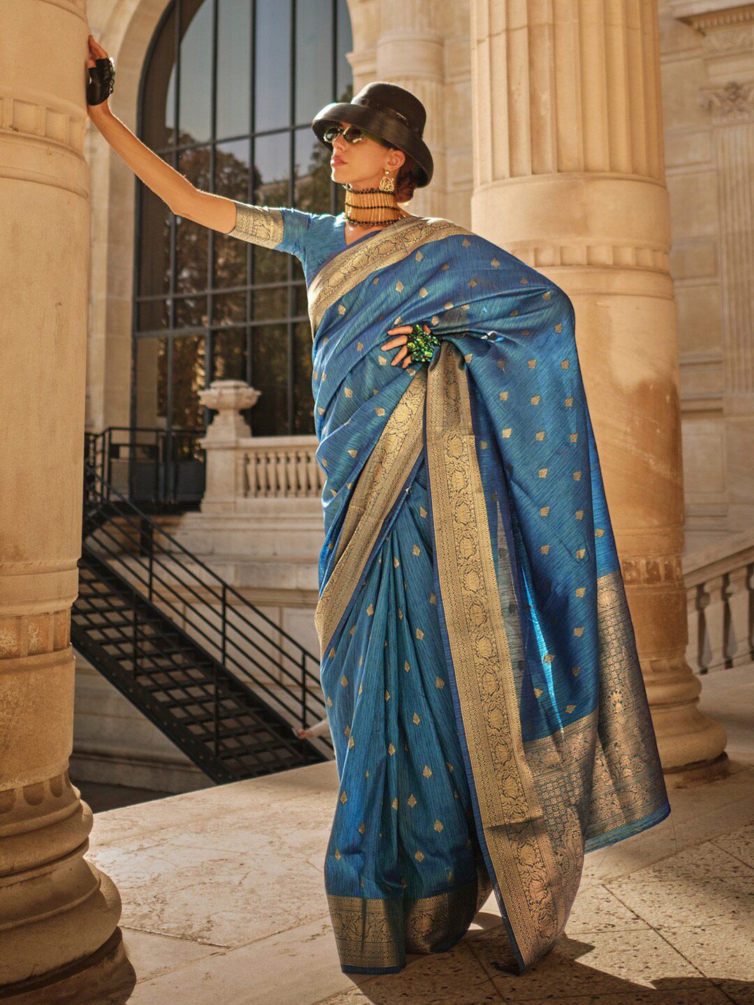 Mitera Blue & Gold-Toned Woven Design Zari Silk Blend Banarasi Saree Price in India