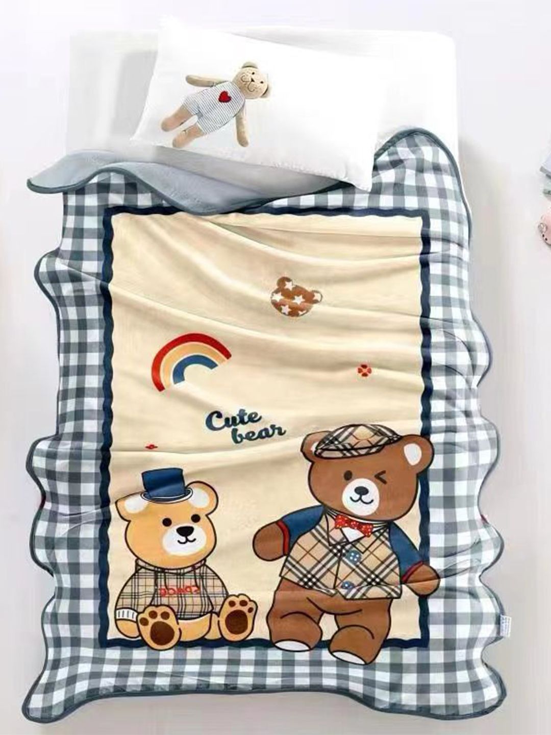 Butterthief Grey & White Cartoon Characters Fleece AC Room Single Bed Blanket