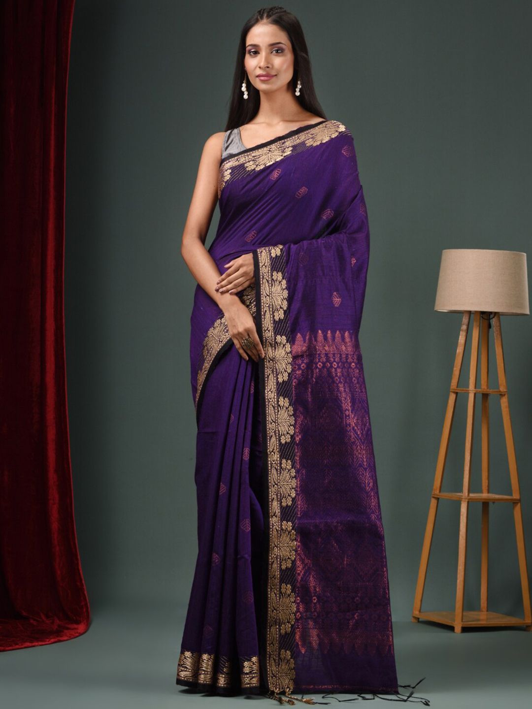 Charukriti Purple & Gold-Toned Ethnic Motifs Zari Pure Silk Saree