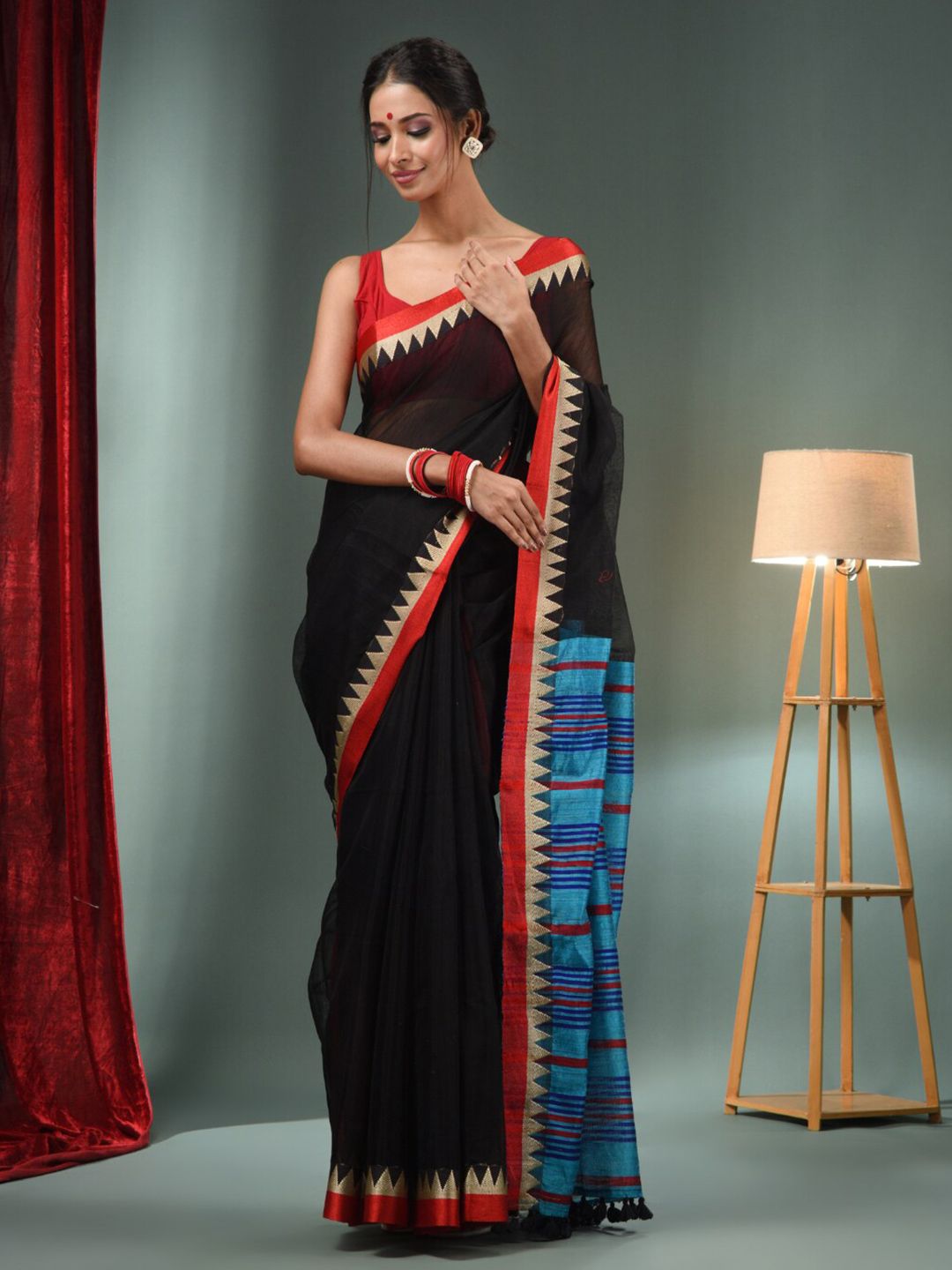 Charukriti Black & Red Linen Blend Saree Price in India