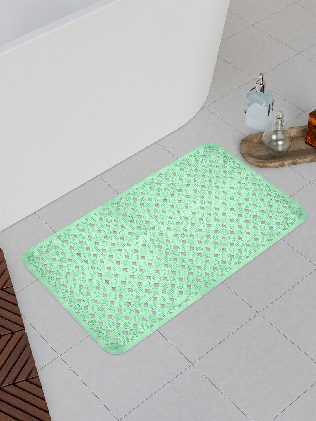 Kuber Industries Green 2 Pieces Anti Skid PVC Bath Shower Mats With Drain Holes